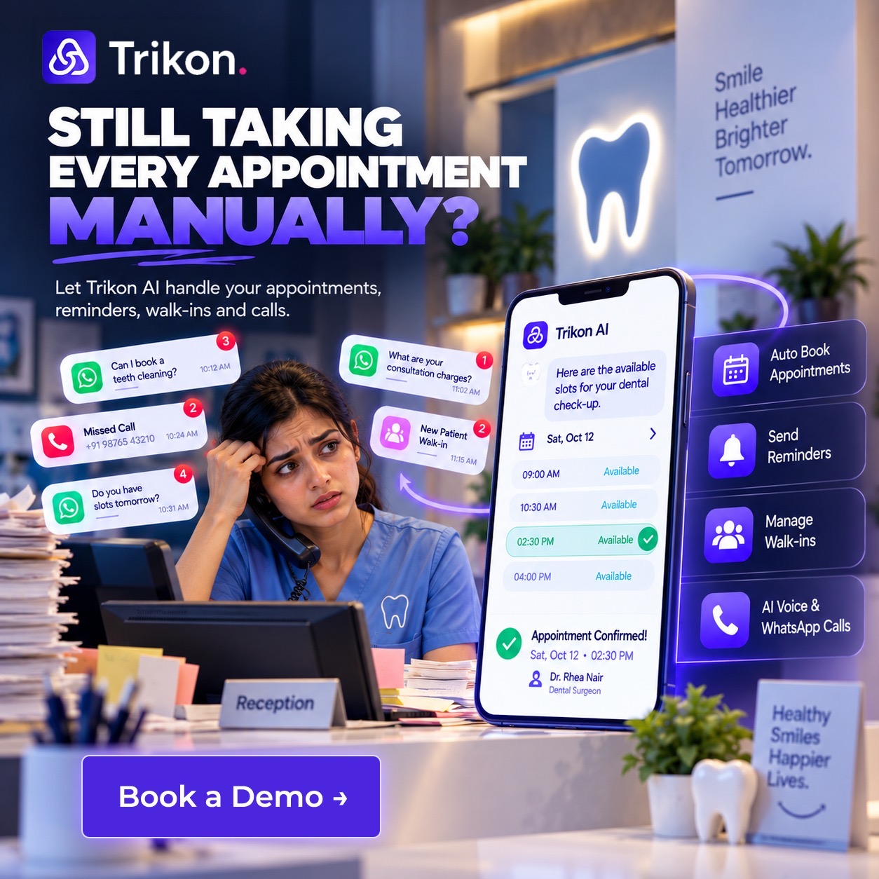 Illustration of a dental reception using Trikon for appointments, reminders and phone enquiries