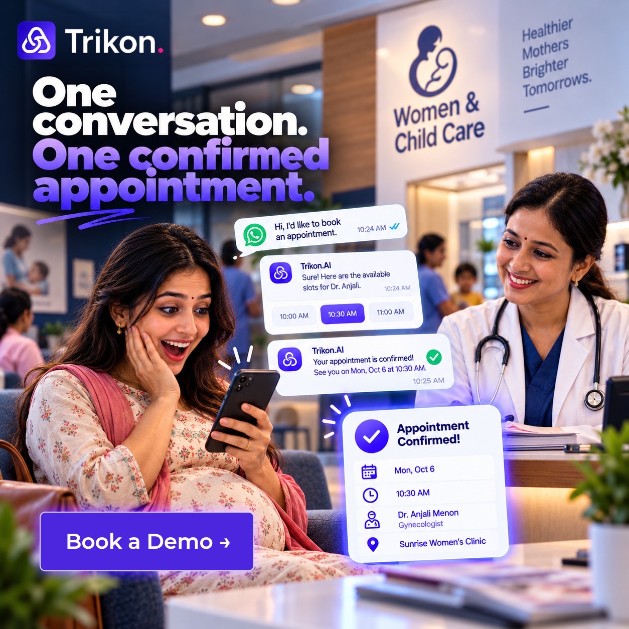 Illustration of a patient confirming a women’s clinic appointment through WhatsApp with Trikon